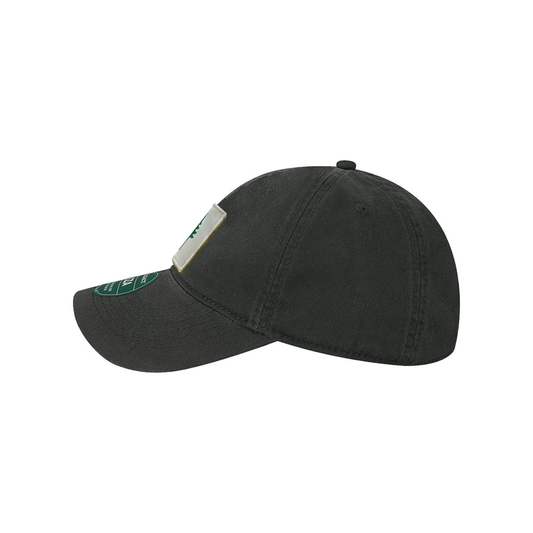 Side view of a black cap with a logo on a white background