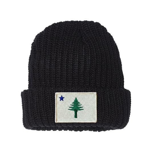 Black knit beanie with a patch featuring a green tree and blue star from the 1901 Maine state flag on a white background