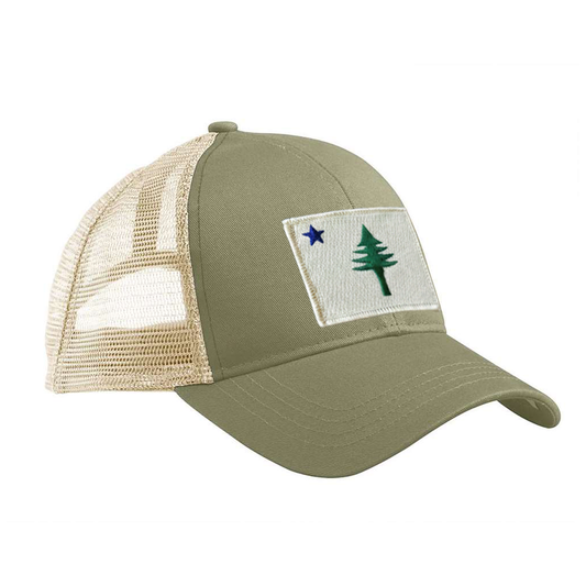 Forest green and beige trucker cap with a pine tree and star patch from the 1901 Maine state flag on a white background