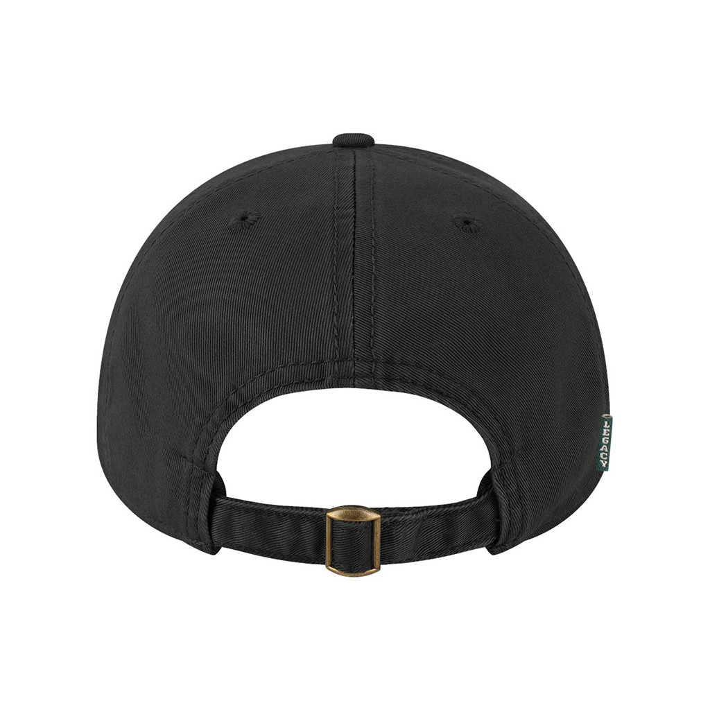 Back view of a black cap with a gold buckle on a white background