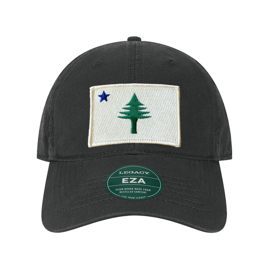 Black cap with a flag patch featuring a blue star and green tree from the 1901 Maine state flag, branded 'EZA'.