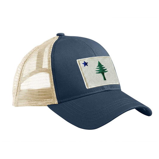 Navy blue and beige trucker cap with a pine tree and star patch from the 1901 Maine state flag  on a white background