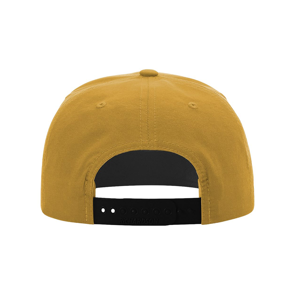 Yellow cap with a black strap on a white background