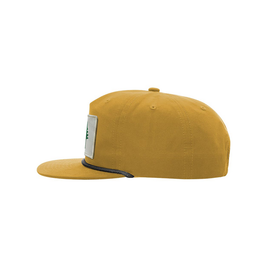 Yellow cap with a brand label on a white background