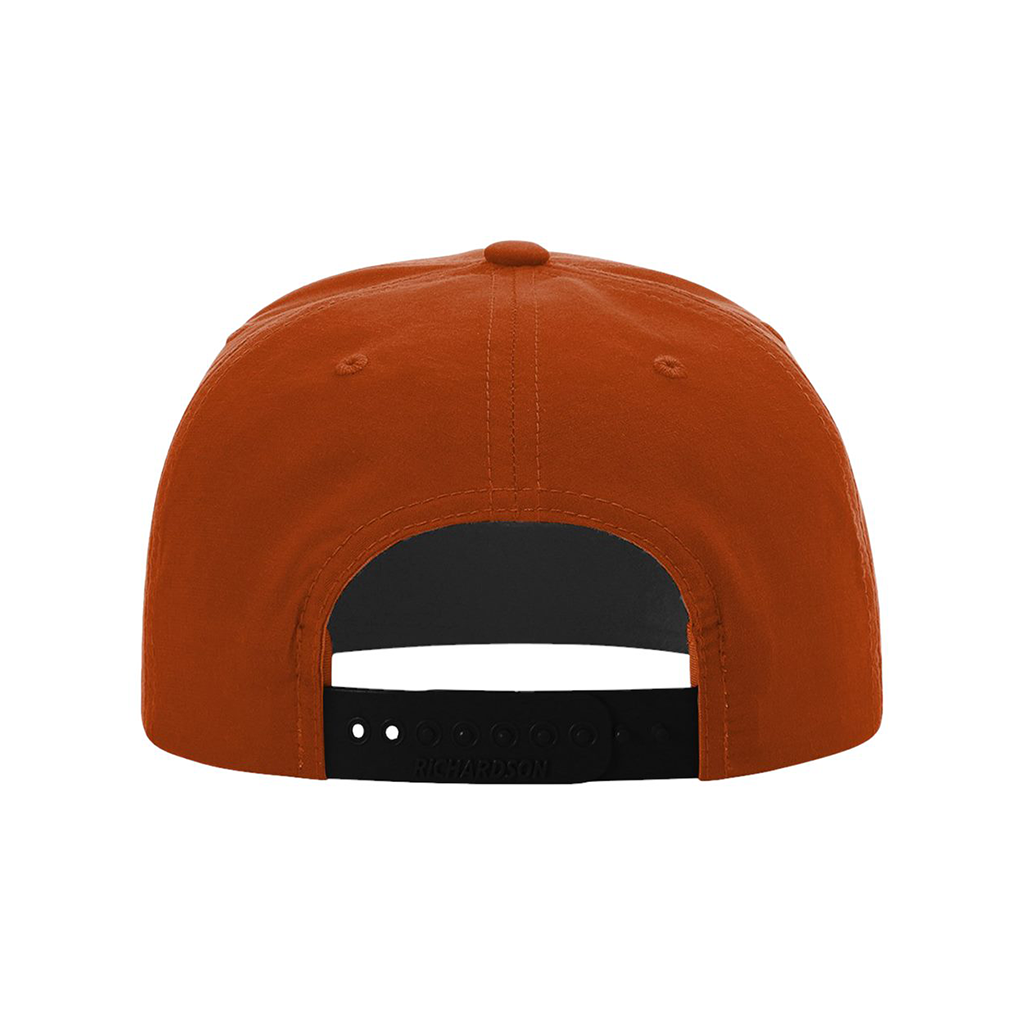 Back view of an orange cap with a black strap on a white background