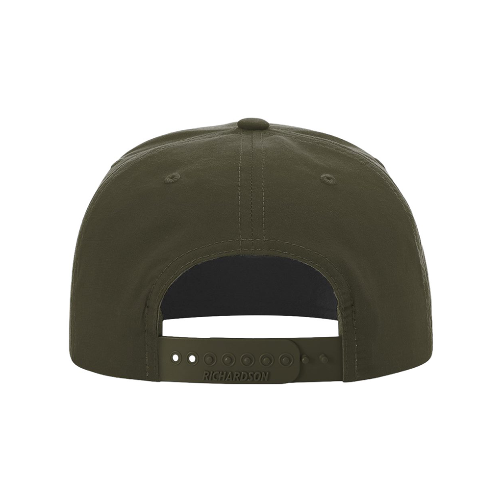 Back view of a green cap against a white background