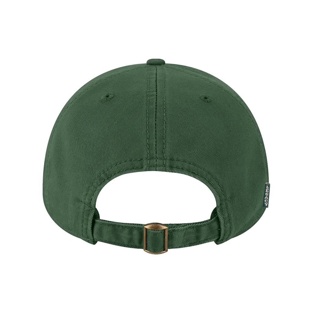 Back view of a green baseball cap on a white background