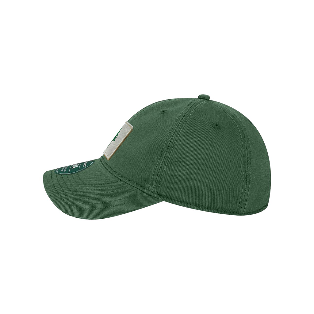 Green baseball cap with a logo on a white background