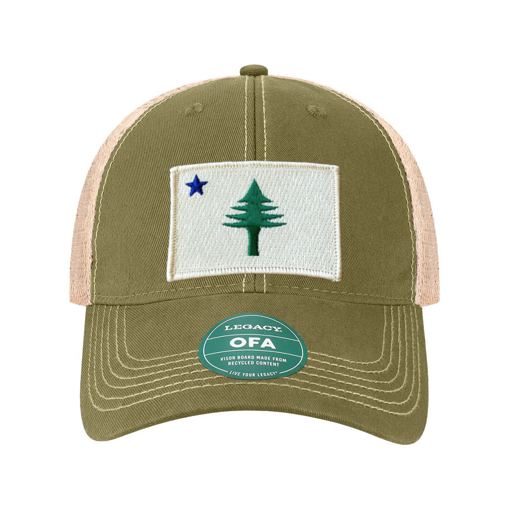 Olive and khaki cap with a patch featuring a tree and star design from the 1901 Maine state flag on a white background