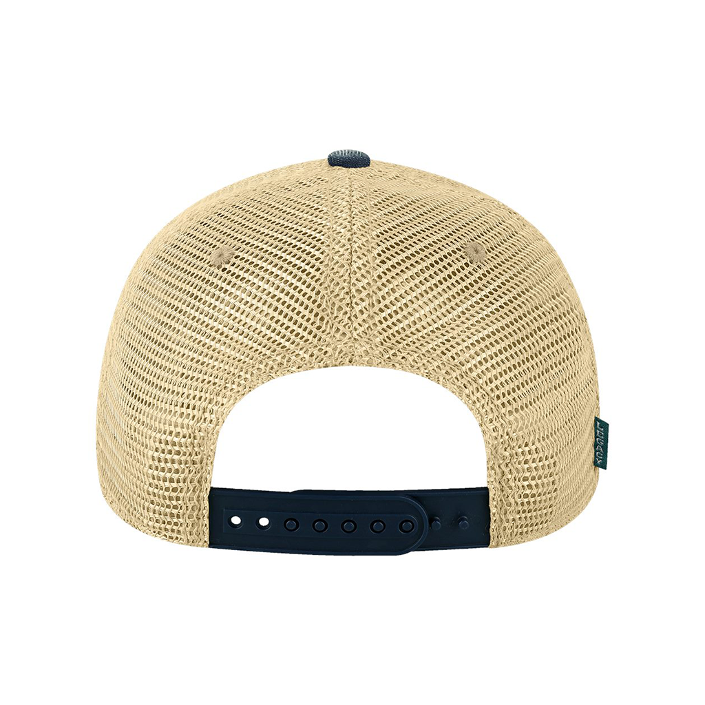 Back view of a  mesh cap with black strap on a white background