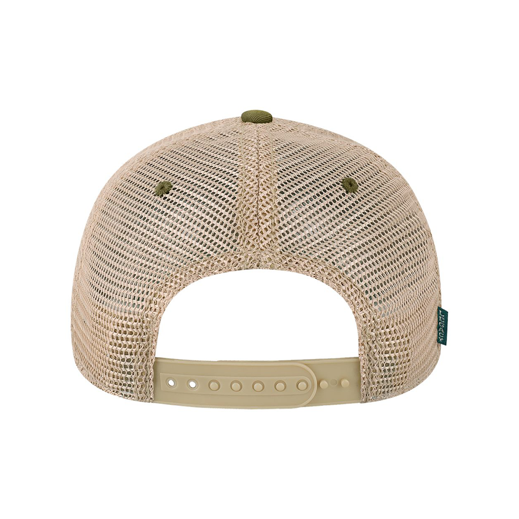 Back view of mesh cap with olive green buttons on a white background