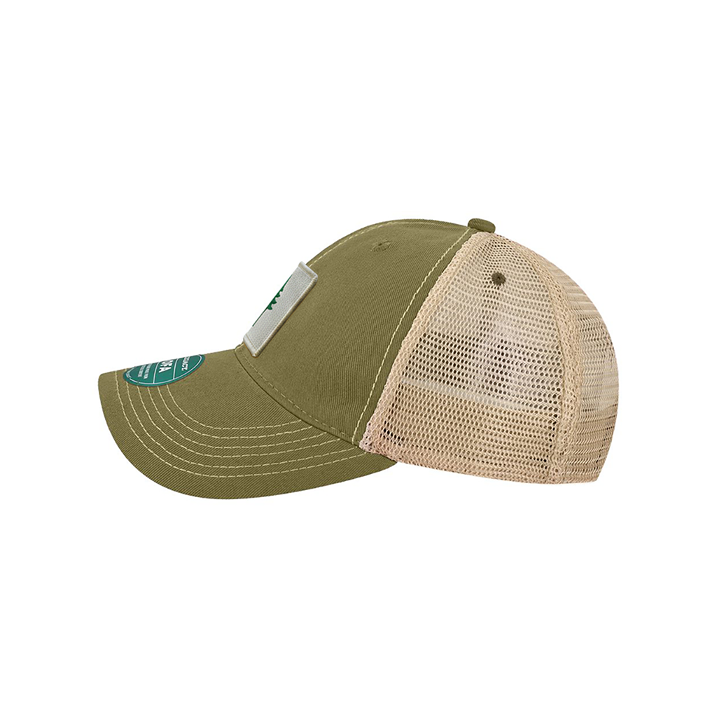 Side view of a two-tone cap with and olive green front and khaki mesh back on a white background