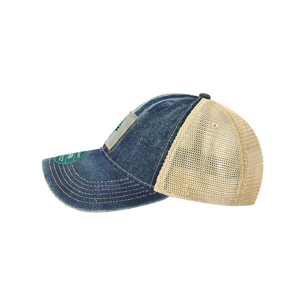 Side view of a two-tone blue and khaki cap on a white background