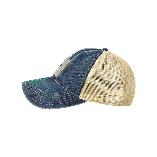 Side view of a two-tone blue and khaki cap on a white background