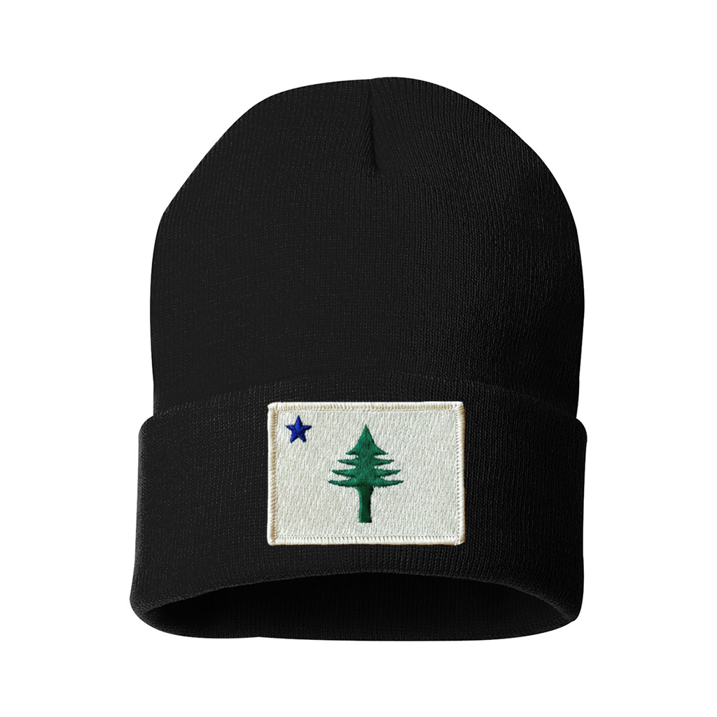 Black beanie with a white patch featuring a green pine tree and blue star from the 1901 Maine state flag on a white background