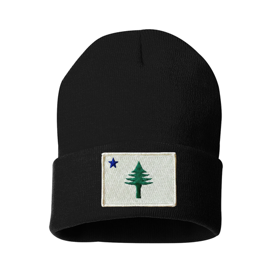 Black beanie with a white patch featuring a green pine tree and blue star from the 1901 Maine state flag on a white background