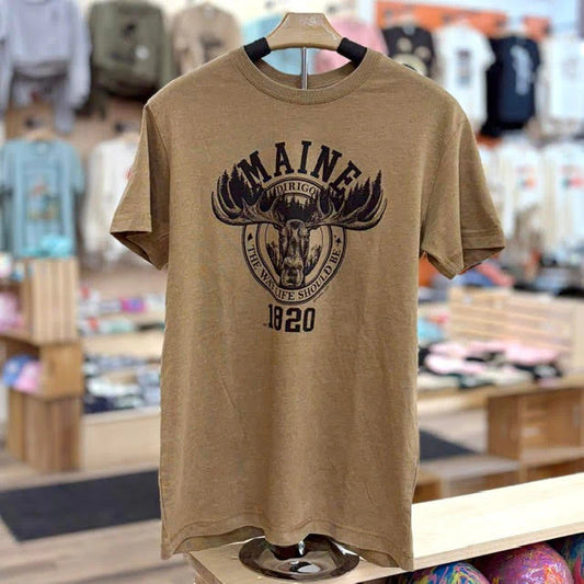 Beige t-shirt with 'Maine 1820' graphic design on a hanger in a store setting.
