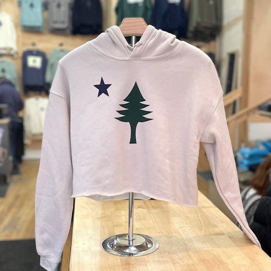 Cream hoodie with star and tree design on a mannequin in a store setting