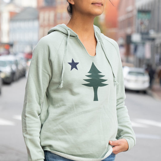 Person wearing a sage green hoodie with design of the 1901 Maine state flag. 
